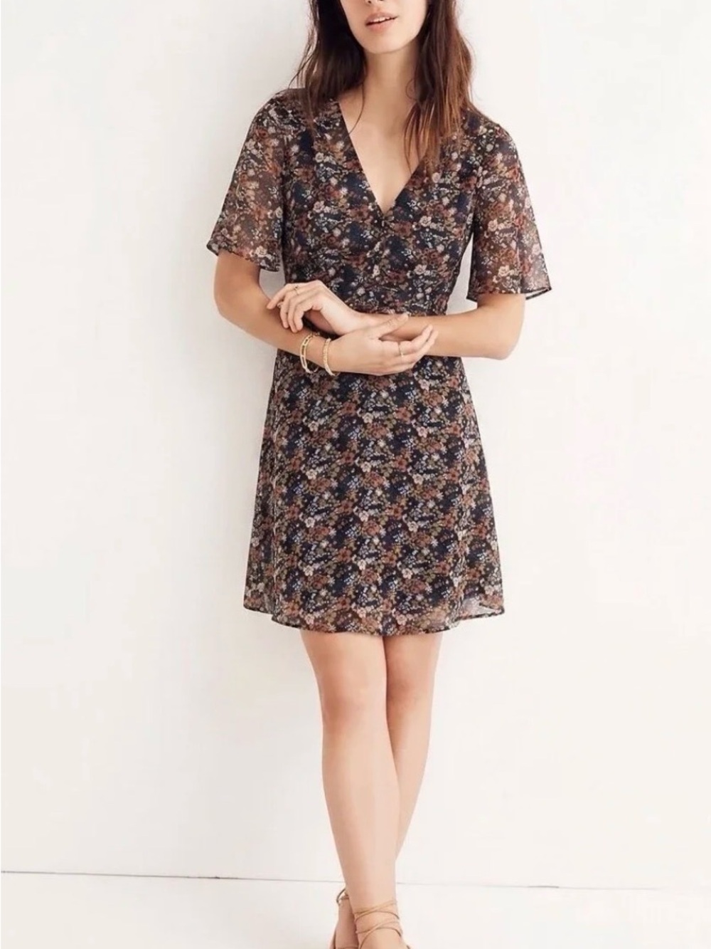 Madewell Floral V-Neck Short Sleeve Dress - Brown